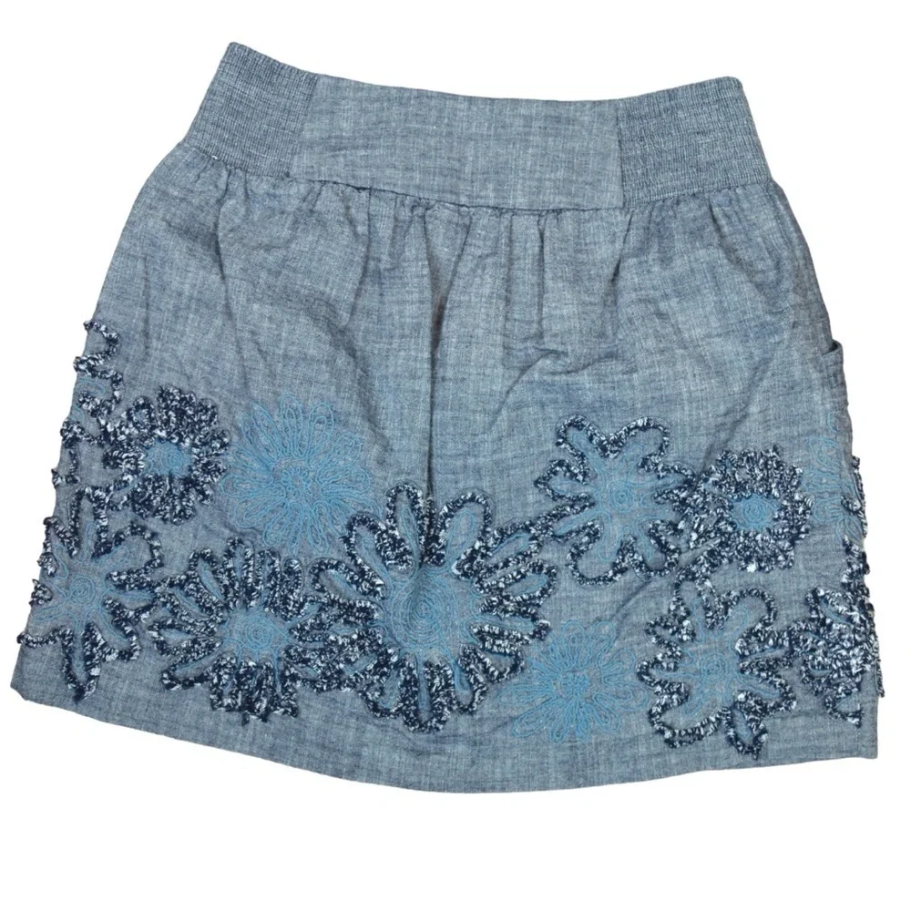 2 Pull On Mini Skirts Blue Embroidered Lace Ruffle‎ Cream Coquette Country Boho